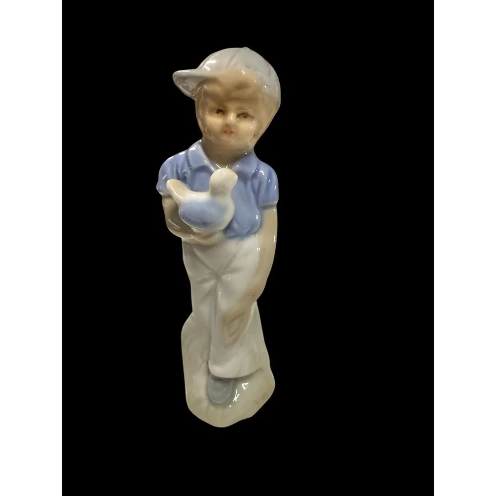 Vintage Boy w/ Bird Figurine Porcelain 6 inches
